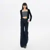 2025 Novas Calças Jeans Bootcut Cor Denim Outono e Inverno Que Não Desbotam Moda Retrô Americana Feminina Jeans Levemente Soltos de Cintura Baixa