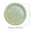 Platos de Papel con Lunares Estampados en Dorado Verde Claro, Vasos, Banderines de Fiesta, Cubiertos, Manteles, Artículos Desechables para Fiesta