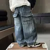 Calças Jeans Boys Primavera e Outono Perna Curva Estilo Coreano Infantis Bonitas Largas Casuais Calças para Bebês Comércio Exterior Atacado