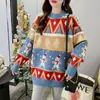 Suéter feminino com blocos de cor estilo natalino transfronteiriço, nova coleção outono e inverno 2026, casual com caimento solto, malha que afina e é estilosa