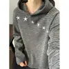 Moletom com Capuz Listrado Preto e Cinza Bordado de Meteoro Masculino Outono e Inverno Retrô Americano Solto Aveludado Versátil Pulôver Outerwear