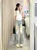 Jeans de Color Claro con Micro-desgastes para Mujer Otoño 2024 Nuevos Retro Cintura Alta Adelgazantes Elásticos Pantalones de Campana de Herradura para Hombres Bajos