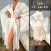Bata de satén estilo europeo y americano con mangas de campana, ribete de encaje, abertura y cinturón, bata larga de mañana nupcial, ropa de casa para mujer 711