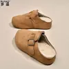 En stock~Zapatos Birkenstock de cuero genuino con suela gruesa para mujer con forro de felpa, zapatos de algodón cálidos, mules sin cordones, zuecos cerrados