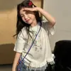 Camiseta de Manga Corta de Verano para Niñas 2026 Nueva Tendencia Top de Algodón Puro con Adorno de Encaje para Niños Mayores