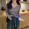 Suéter de Tricô com Base de Renda para Mulheres, Novo Estilo Primavera, Peça Interna Elegante com Bordas Franzidas, Design de Gola Baixa, Top Único
