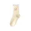Calcetines Bordados de Animales de Dibujos Animados para Mujer, Calcetines de Algodón Puro para Otoño e Invierno de Media Pantorrilla, Calcetines Holgados con Encaje de Volantes de Hilo, Calcetines Zhuji