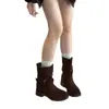 Botas Femininas Retro de Camurça Meio da Panturrilha Franzidas Botas Femininas 2026 Outono Com Pelúcia Fivela de Cinto Botas de Motociclista Salto Grosso Botas Martin Aumentadoras de Altura