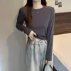 Camiseta Feminina de Algodão Puro Outono, Manga Longa, Ombro Normal, Corte Petite Curto, Camisa Básica Versátil Emagrecedora de Cintura Alta para Mulheres