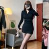 Vestido de Punto Negro para Mujer, Otoño e Invierno 2026 Estilo Coreano Ajustado con Cremallera, Vestido Corto Ajustado de Manga Larga Puro Deseo