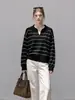 Tricô casual de outono, soltinho, com blocos de cor e listras, com gola virada