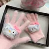 Guantes de Gato Kt Color Leche y Peludos de Nuevo Estilo Otoño e Invierno, Lindos y Cálidos Guantes de Ciclismo de Invierno con Lazo de Cinco Dedos
