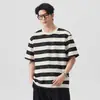 Camiseta Listrada de Manga Curta Respirável Estilo Retrô Americano Masculina Solta Tamanho Grande 2026 Nova Cor de Verão Bloco de Cores Versátil Roupas da Moda