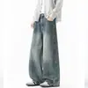 Jeans Masculino Retro Americano Desgastado Lavado Perna Curva Outono Tendência Marca Design Solto Senso de Estilo Malandro Cool Perna Larga Calça Longa