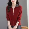 Cárdigan de punto con solapa para otoño e invierno, nuevo para mujer 2026, talla grande, bloque de color, top con solapa, ropa para madre, abrigo suéter con cremallera