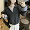 Camisa polo de alta qualidade estilo coreano com punhos de malha, novo suéter feminino outono/inverno, blusa de manga longa com design de duas peças falsas