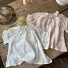 INS Verano Bebé Delgado Estampado Cuello Filipino Borde Mangas Cortas Burbuja Camisa Muñeca Niña Top Floral