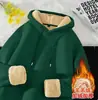 Sudadera de Cuello Redondo de Lana de Cordero para Hombre Invierno Juvenil Engrosada Cálida Color Sólido Sudadera con Capucha Talla Grande Abrigo Holgado