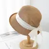 Chapéu de Palha de Renda com Laço Fita Chapéu de Sol de Verão Feminino Protetor Solar Chapéu de Pescador Cacheado Chapéu de Sol para Férias na Costa