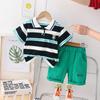 Roupa Infantil Bebê Menino Conjunto de Verão 2025 Novo Crianças Pequenas e Médias Camisa Polo Listrada Roupas Conjunto de Duas Peças Infantil Bonito
