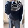 Suéter de Punto Fair Isle de Diseño de Nicho con un Estilo Perezoso y de Alta Gama, Suéter de Punto Jacquard con Cuello Redondo Estilo Étnico para Mujer