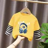 Camiseta Manga Longa Infantil para Meninos Estilo Casual Desenho Animado Bebês Meninos Primavera e Outono Gola Redonda Falsa Duas Peças Top Solto Algodão Puro