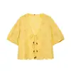 Ropa de Mujer Transfronteriza Estilo Vacacional Europeo y Americano Top de Ganchillo Bordado con Lazos y Cuello en V Conjunto de Shorts Casuales de Ganchillo Bordado de Verano