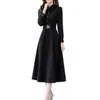 Vestido de Mujer para Primavera y Otoño, Elegante Temperamento, Color Sólido, Cuello Polo Abotonado, Temperamento de Gama Alta, Ceñido a la Cintura, Manga Larga, Vestido Largo de Corte A