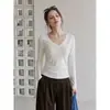 Blusa de tricô branca estilo coreano com decote V e manga longa para mulheres, nova para o outono, slim fit, acinturada, base