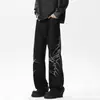 Fornecimento Exclusivo Transfronteiriço de Jeans Flare com Bordado de Espinho Estilo High Street Americano para Homens, Calças Retas Largas Estilo Hip-Hop Streetwear Escuro