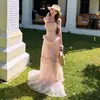 Vestido longo de tule com gola halter, jacquard de renda transparente em retalhos, vestido de fada estampado, tule fino branco luar tie-dye