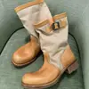 Botas da Moda Ocidental Transfronteiriça 2026, Botas de Couro Elegantes para Comércio Exterior, Novas Botas Femininas de Bico Redondo, Tamanho Grande, com Fivela de Cinto em Patchwork