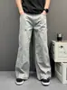 Jeans Workwear com Design Único Estilo Splatter-Ink para Homens, Cinza Cimento com Reforço de Rebites, Calças de Cintura Alta Largas e com Caimento High-Street