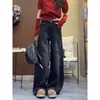 Jeans retro americanos rasgados con dobladillo curvo para mujer, diseño de primavera/verano, corte holgado, adelgazantes, pantalones de pierna ancha hasta el suelo tipo guadaña