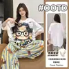 Pijama de Venta Caliente de Fábrica Original con Almohadillas en el Pecho para Mujer, Mangas Cortas y Pantalones Largos, Ropa de Casa de Verano, Conjunto de Algodón Nube para Usar Fuera