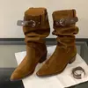 Botas Elegantes de Bico Fino Franzidas Estilo Desleixado para Mulheres, Estilo Vintage Preguiçoso, Salto Grosso Emagrecedor, Botas Longas Ocidentais de Bico Fino