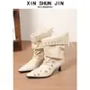 Botas Slouch de Bico Fino com Tachas Estilo Coreano para Mulheres, Novos Sapatos de Salto Alto Primavera/Verão, Botas de Cano Médio Pregueadas Retrô com Design Único