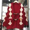 Jaqueta Suéter Nova Estilo Coreano Outono/Inverno, Formato de Diamante, Bloqueio de Cores, Botão de Chifre Retrô, para Mulheres, Tamanho Grande, Versátil, Tricô