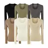 Top de punto simple y favorecedor con cuello en U y manga larga para mujer, camiseta básica ajustada para primavera/otoño 2026