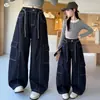 Pantalones de Ropa de Otoño para Niñas 2026 Estilo Nuevo Niños Medianos y Grandes Costura de Contraste Ropa de Trabajo Jeans de Mezclilla Color Sólido Pantalones de Pierna Ancha Pantalones de Pierna Recta Pantalones Largos