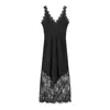 Comércio Exterior Transfronteiriço Roupas Femininas Primavera 2026 Estilo Francês Europeu e Americano Vestido de Cetim Elegante e Sexy Embelezado com Renda de Cílios para Mulheres