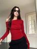 Camiseta roja con hombros al descubierto para mujer, diseño de otoño e invierno, con hombros descubiertos, corta y atractiva.