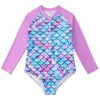 Traje de banho estampado transfronteiriço de comércio exterior europeu e americano para 2027, maiô infantil de peça única, maiô de manga comprida para meninas com estampa de escamas de peixe para fontes termais