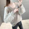 Suéter Feminino de Manga Curta, Tricô Novo para Roupa Externa, Mangas Finas de Renda, Top Interno de Gola Baixa, Caimento Solto, Camada Base Fashion