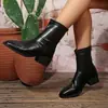 Botines de mujer de talla grande transfronterizos, colección otoño e invierno, punta cuadrada, tacón grueso, ajuste ceñido al tobillo, con cremallera trasera, hechos de cuero PU suave, versátiles para el trabajo y la moda