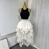 Saia de Renda Irregular em Camadas com Cintura Elástica e Babados, Comércio Exterior Transfronteiriço, Saia Midi de Cintura Alta em Linha A