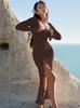 Ropa de Mujer Transfronteriza Europea y Americana 2025 Nuevo Otoño Color Sólido Trompeta Manga Larga Volantes Abertura Sexy Ajustado Vestido