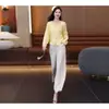 Nuevo conjunto de verano para mujer estilo chino, moderno y elegante, conjunto de dos piezas con camisa de manga larga y cuello en V y pantalones de pierna ancha