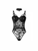 Body de encaje flock negro con aros, tirantes push-up, moldeador de cintura, lencería shapewear de puro deseo, viene con un collar para el cuello