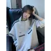 Moletom Gola Alta Personalizado com Listras e Estampa de Letras para Mulheres no Outono e Inverno, Cardigan Jaqueta Aberto com Zíper, Versátil e Soltinho, Forrado com Fleece